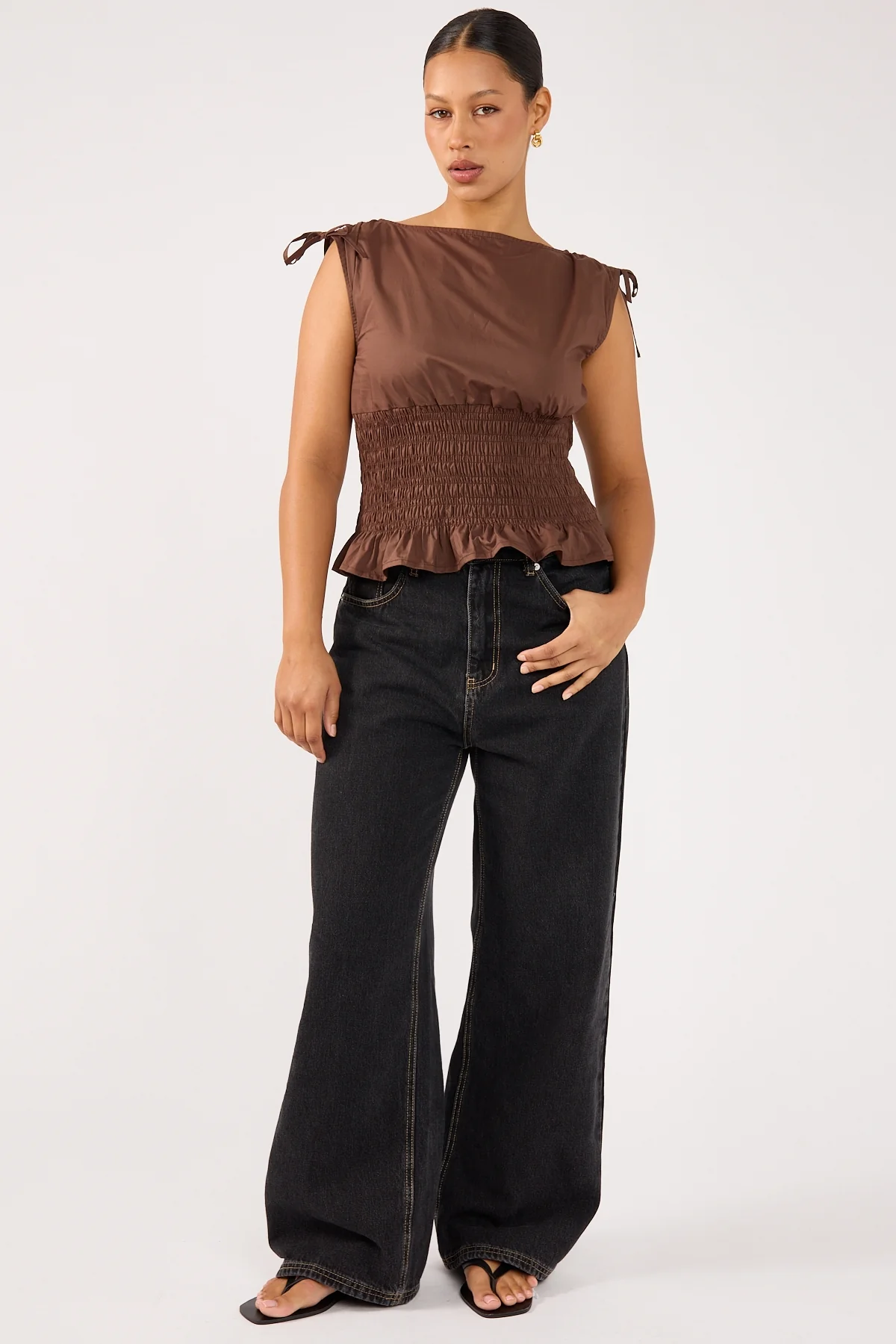 Perfect Stranger Bello Shirred Boat Neck Top Brown