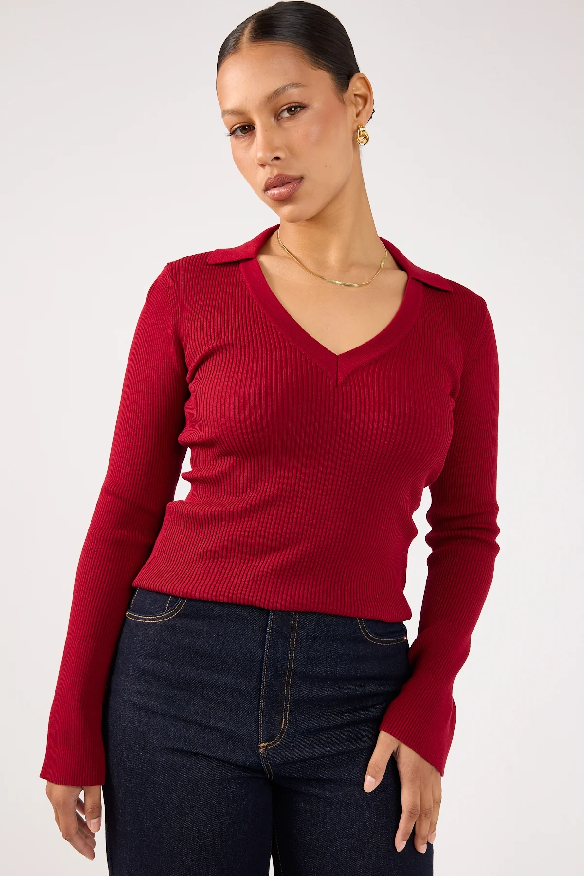 Perfect Stranger Fiorelle Knitted Long Sleeve Polo Burgundy