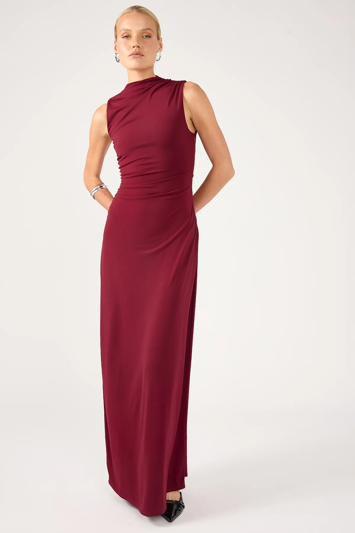 Perfect Stranger Rosewood High Neck Maxi Dress Burgundy