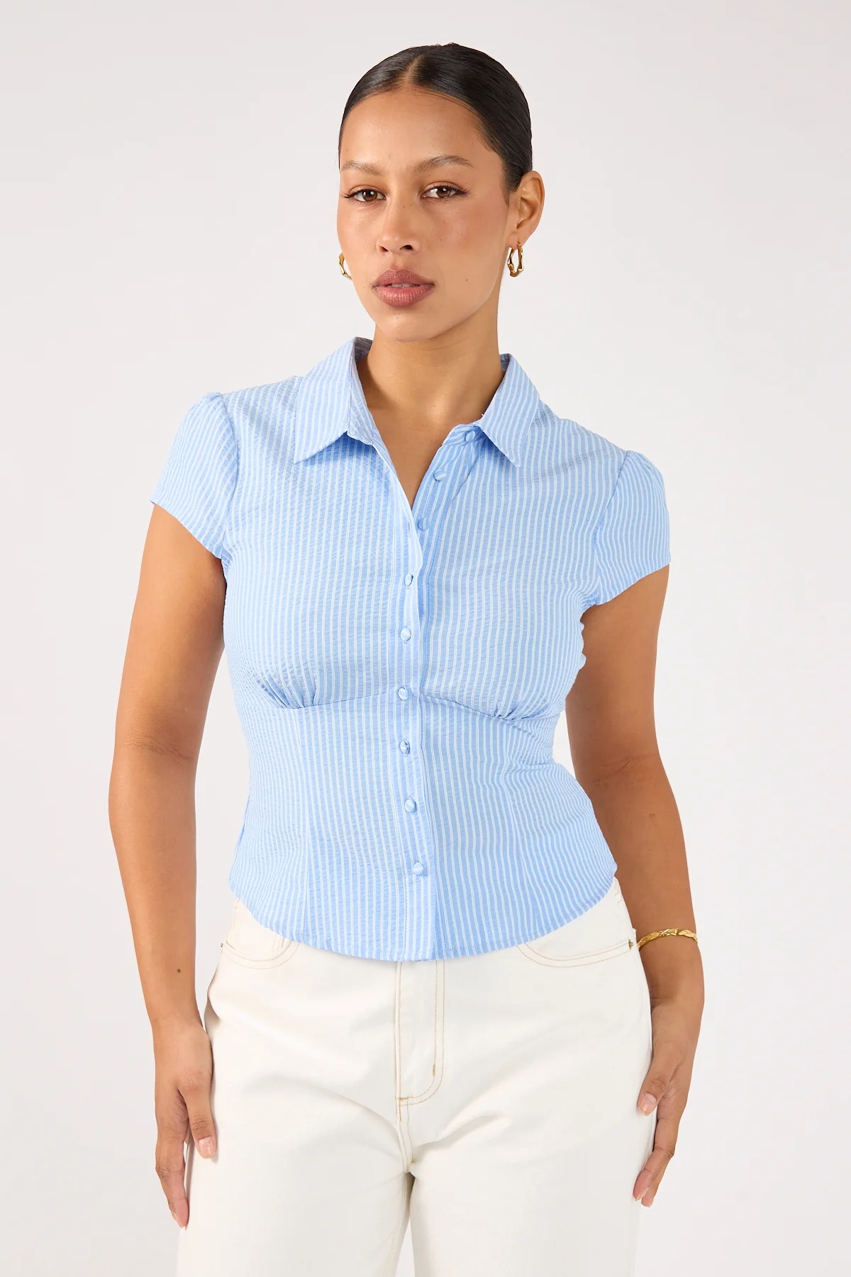 Perfect Stranger Serena Fitted Short Sleeve Shirt Light Blue