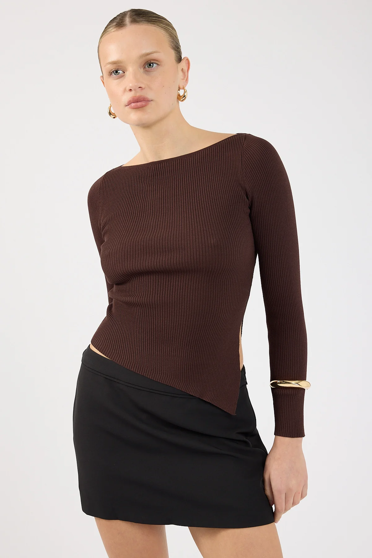 Perfect Stranger Long Sleeve Asymmetrical Rib Knit Top Brown