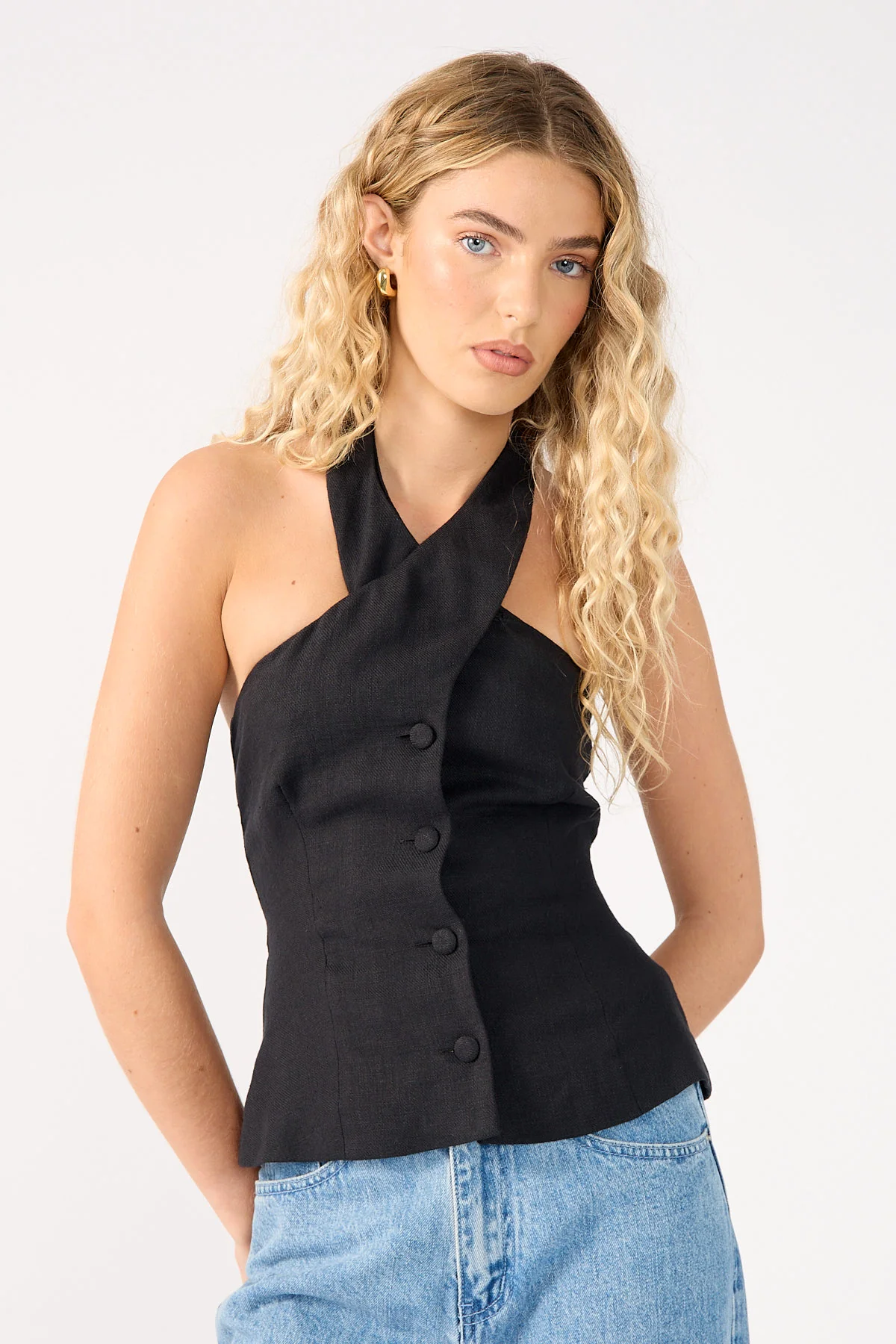Perfect Stranger Menorca High Neck Button Up Halter Top Black