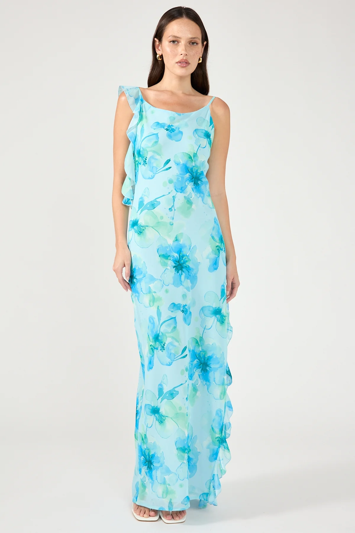 Perfect Stranger Moonlit Ruffle Maxi Dress Blue Print