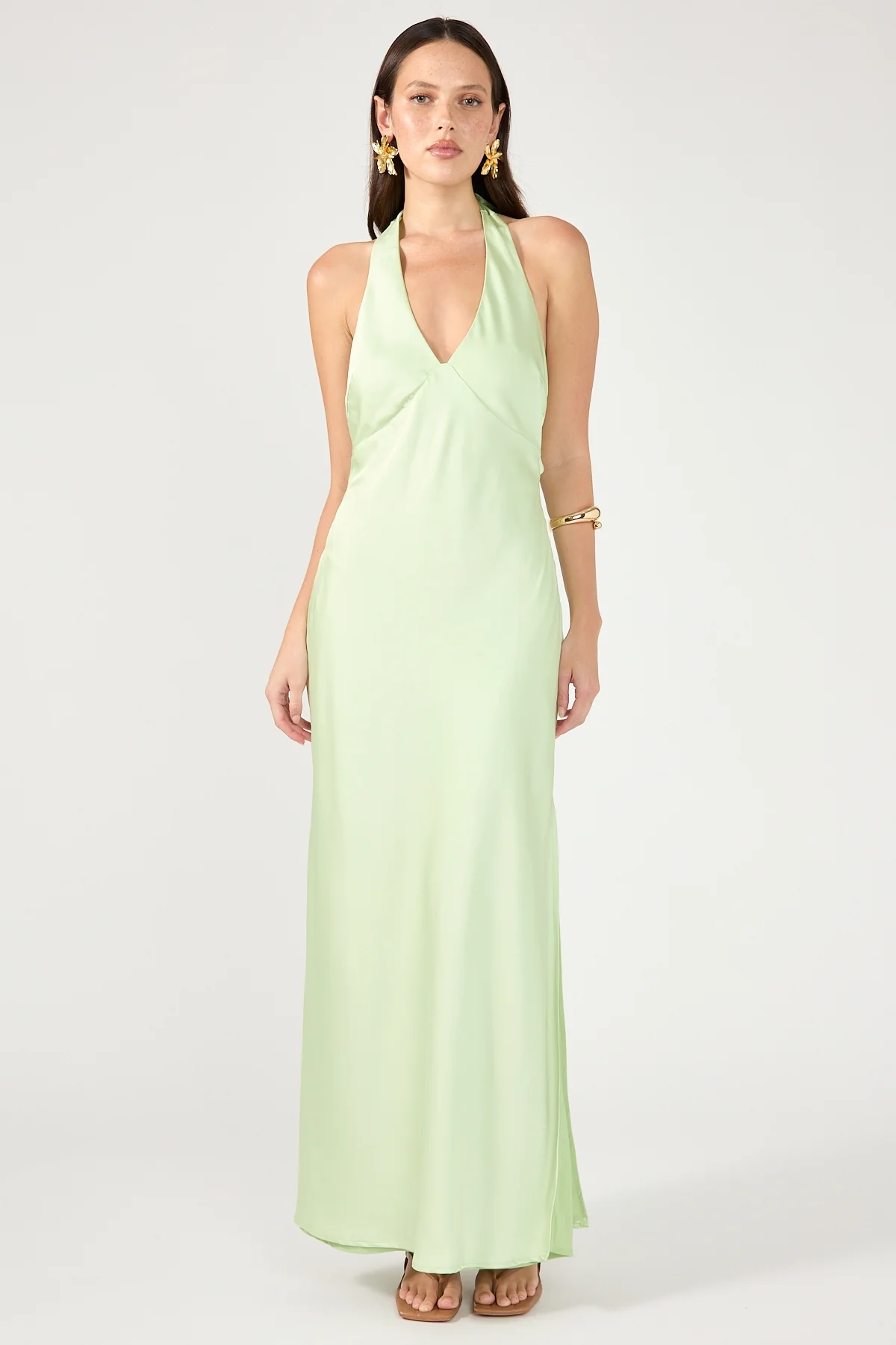 Perfect Stranger Nora Halter Satin Maxi Dress Light Green