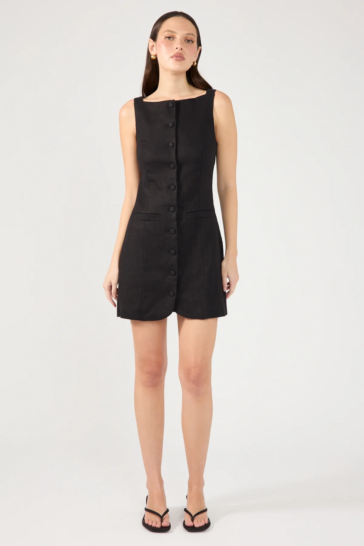Perfect Stranger High Neck Button Up Linen Mini Dress Black