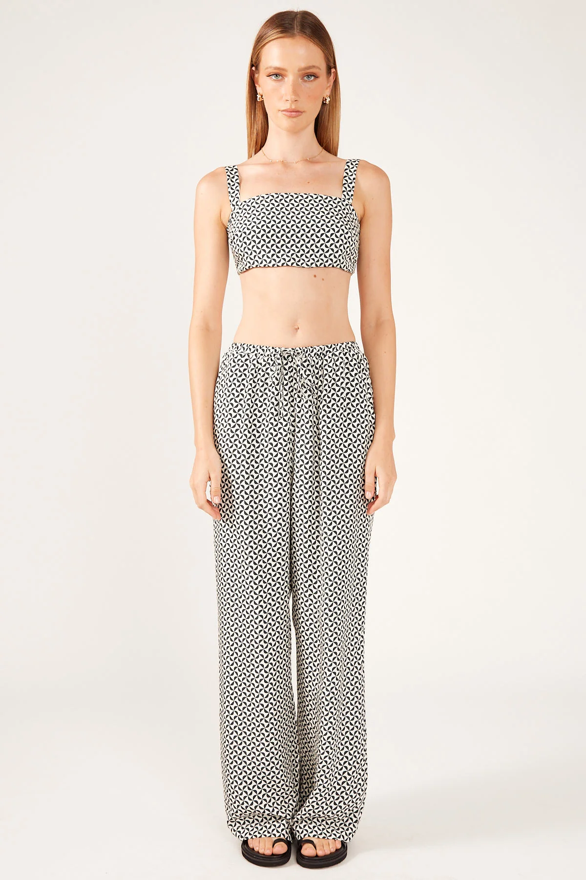 Perfect Stranger Geo Pattern Tie Back Top White Print
