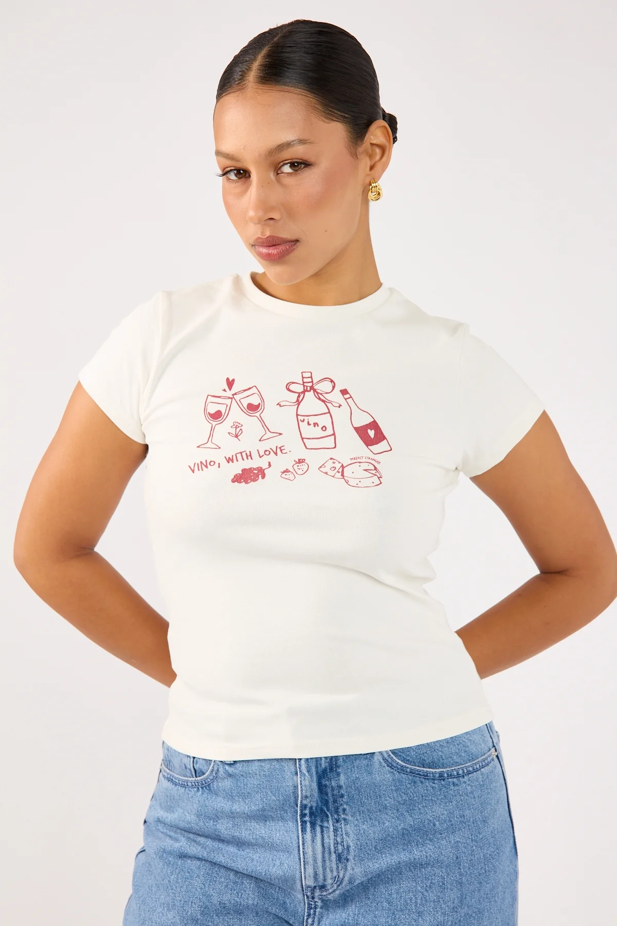 Perfect Stranger Vino Cap Sleeve Tee White Print