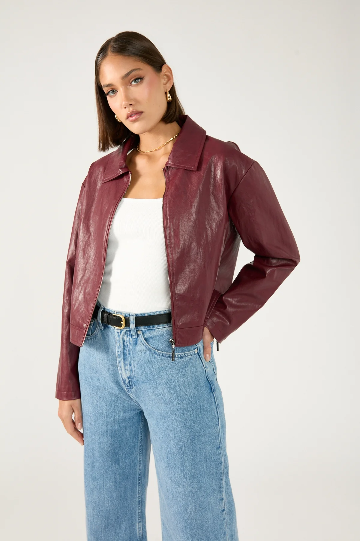 Perfect Stranger Kandice PU Zip Up Jacket Burgundy
